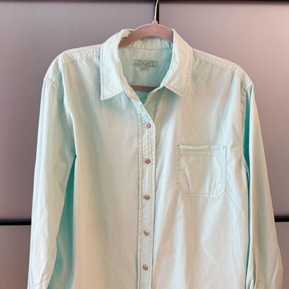 Escape by Habitat Size M Cotton Poplin Loose Button Front Up Shirt Top Aqua Blue - Picture 3 of 12